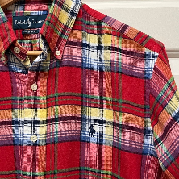 Ralph Lauren button down shirt, cotton flannel plaid, long sleeve, red, yellow M - Picture 5 of 11